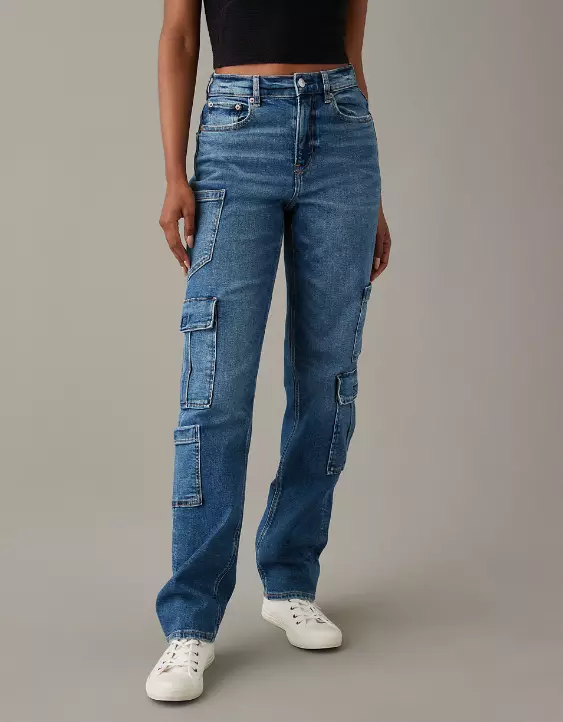 AE Stretch Super High-Waisted Baggy Straight Cargo Jean - Image 2