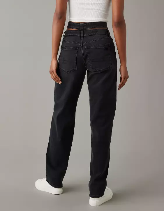 AE Stretch Super High-Waisted Baggy Straight Cut-Out Jean - Image 2